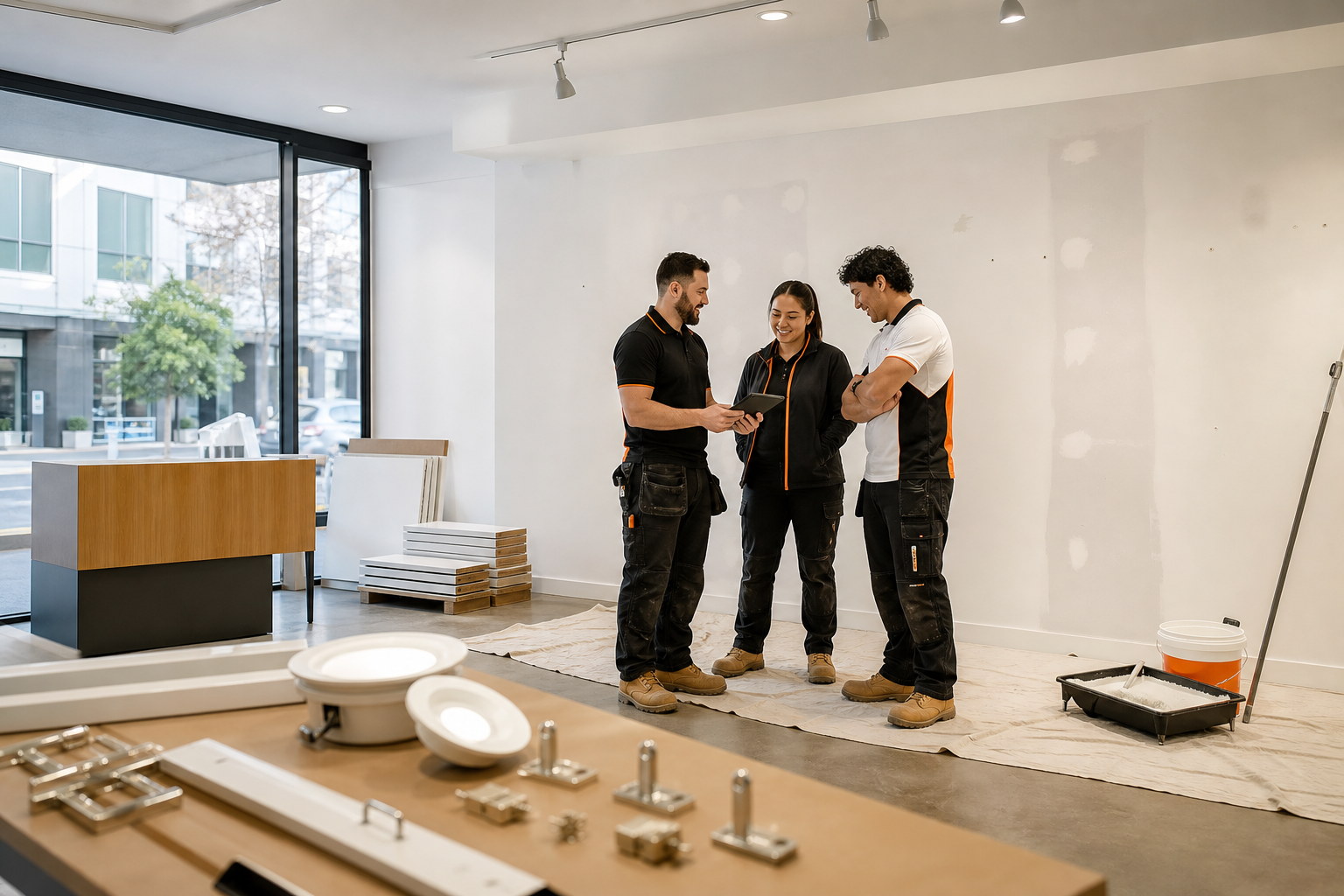 Illustration of builders coordinating commercial small works